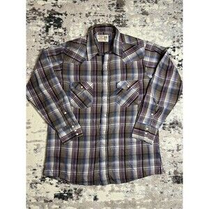 Vtg Saddle King Western Shirt Mens Pink Blue Plaid Pearl Snap Cowboy Size 2XL